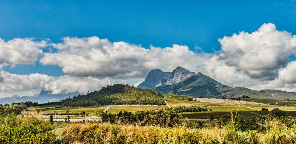 View of a mountain from Anura Vineyards in the Winelands region of South Africa