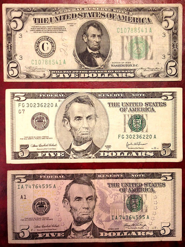 Evolution of the five dollar bill is similar to passport changes. 