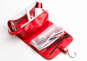 Red makeup bag with pockets