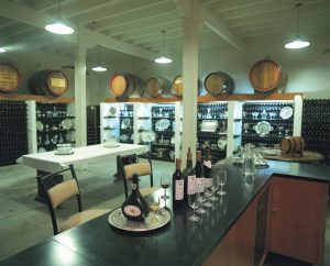 Wine tasting display with bottles and glasses