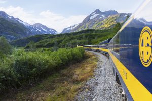 Railcars take visitors on shore excursions in Skagway, Alaska