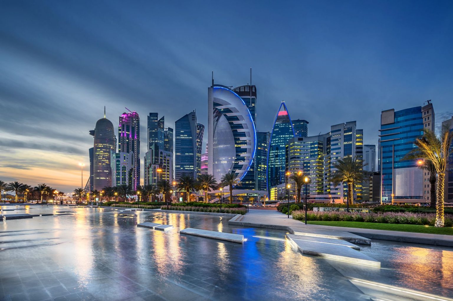 Cityscape in Qatar along Doha bay.