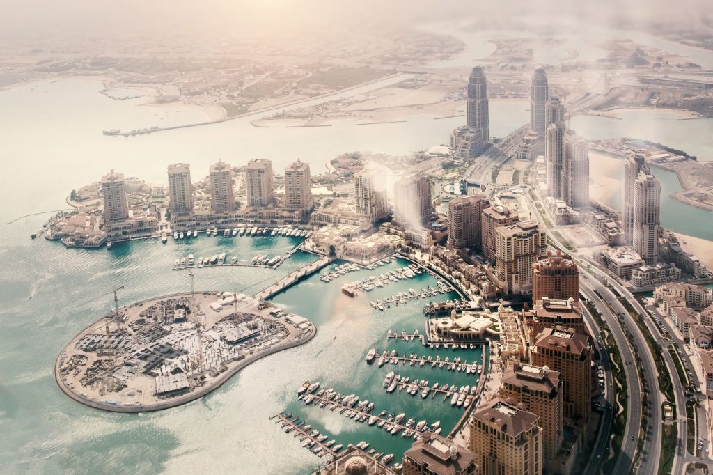 Aerial view of the Pearl-Qatar island through the fog
