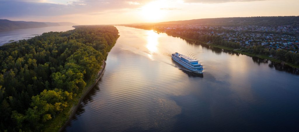 Cruise ship moving along the river of Volga towards Samara city in Russia