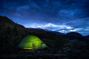 tent pitched in iceland-nightime