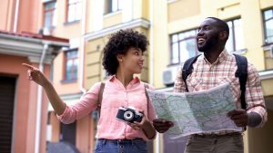 International students traveling abroad giving directions in new language