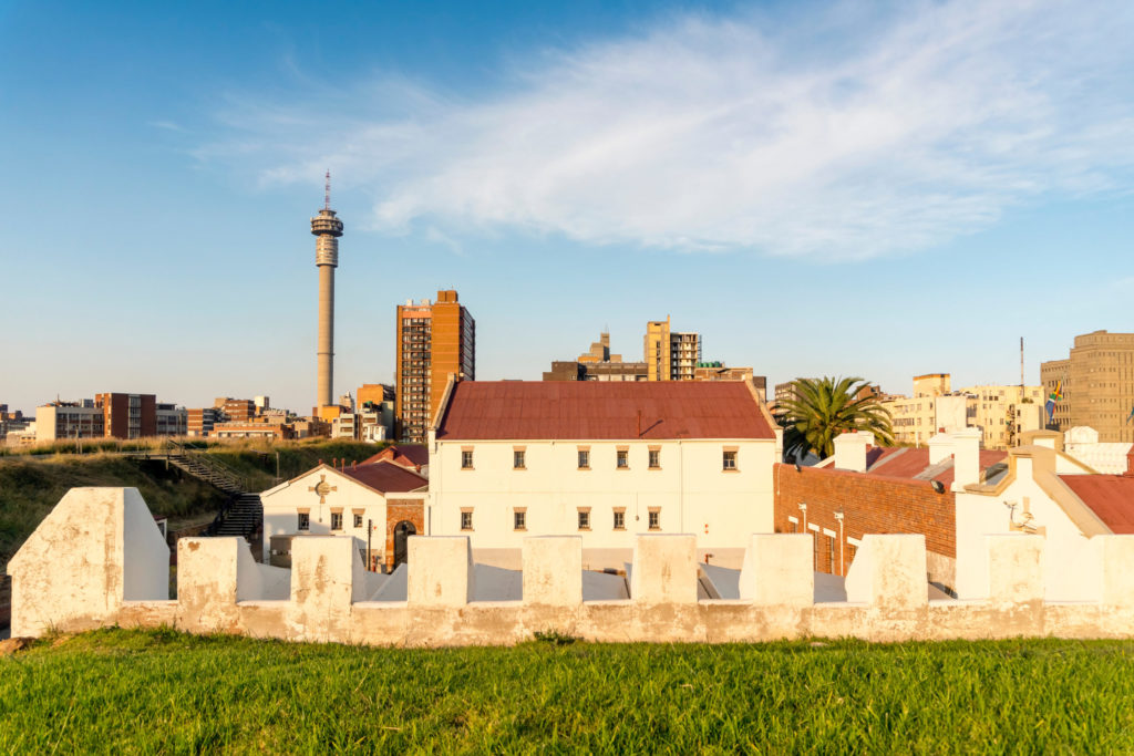 An exterior view of Constitution Hill, Johannesburg, South Africa, during a tour with Jaya Travel & Tours. Originally a Boer Fort, the prison housed prisoners, including Nelson Mandela, and is the film location of the District 9 movie.