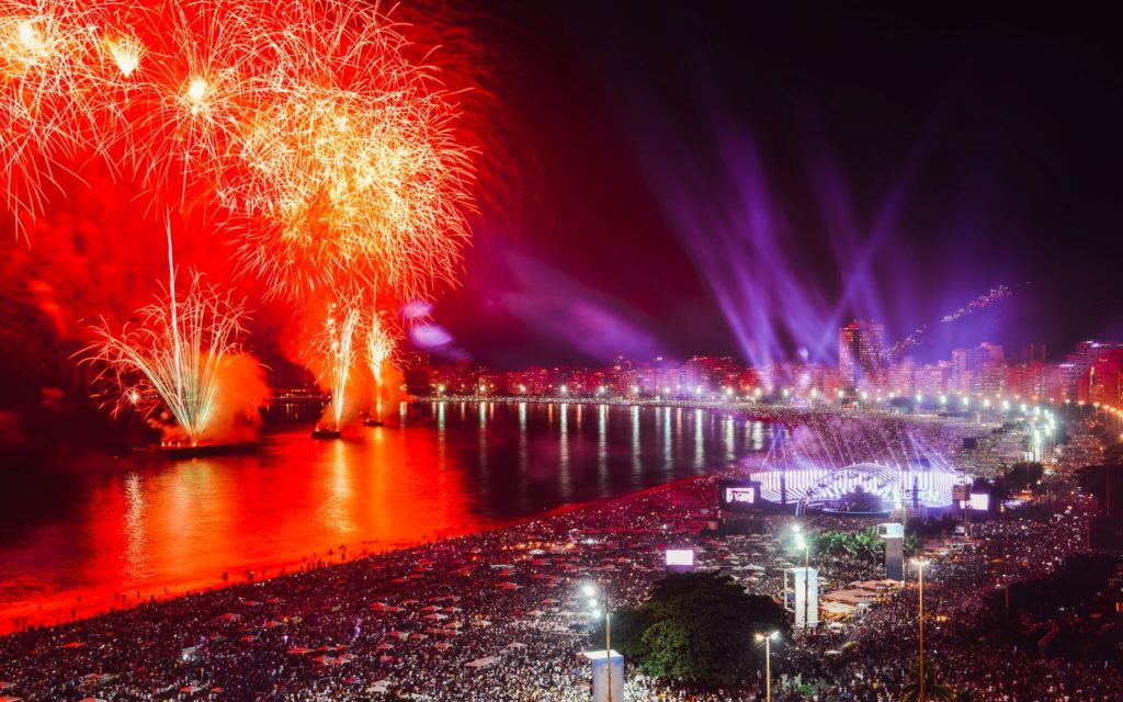 a New Year's Eve celebration in Brazil with fireworks to celebrate the New Year with Jaya.