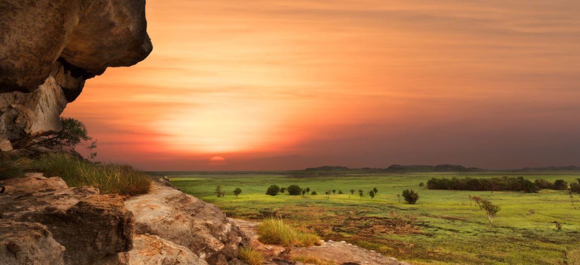 The beautiful african savannah with a sunset over cliffs on travel with Jaya.