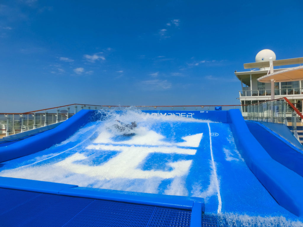 The Flowrider is an amazing onboard activity for the whole family when you book a Royal Caribbean cruise with Jaya Travel.