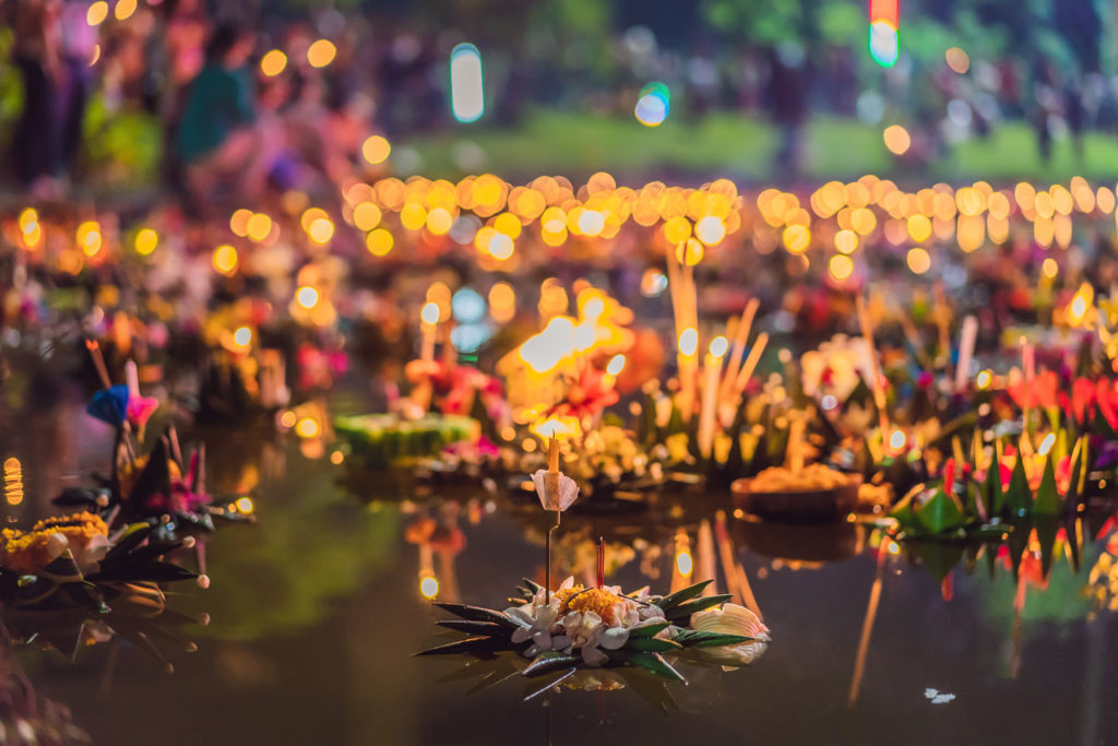 During the Loi Krathong, or Festival of Lights, in Thailand people build krathongs from plant leaves, flowers, candles, and set them on water to float down the river.