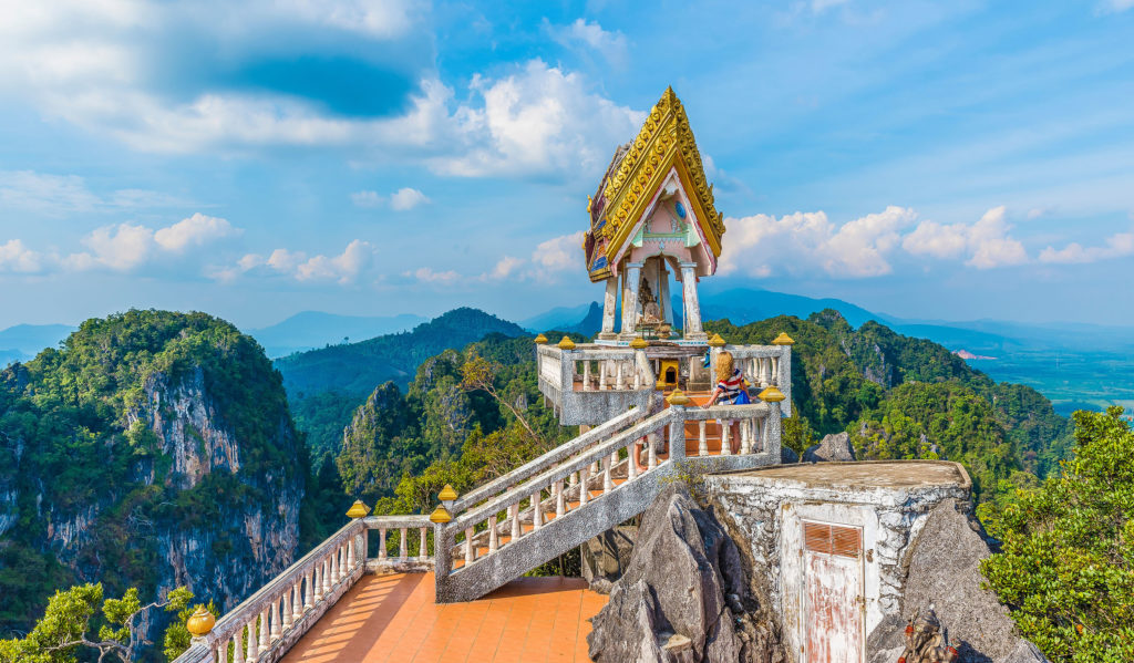 The view from the top of Tiger Cave temple, (Wat Tham Suea), Krabi region, Thailand where a colorful temple with Thai architecture is located.