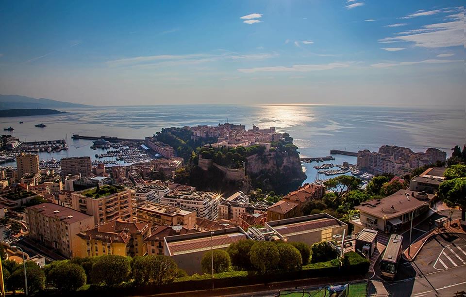 A sunny aerial panoramic of the city of Monte Carlo, Monaco and the French Riviera on this Valentine's Day Honeymoon destination with Jaya Travel & Tours.