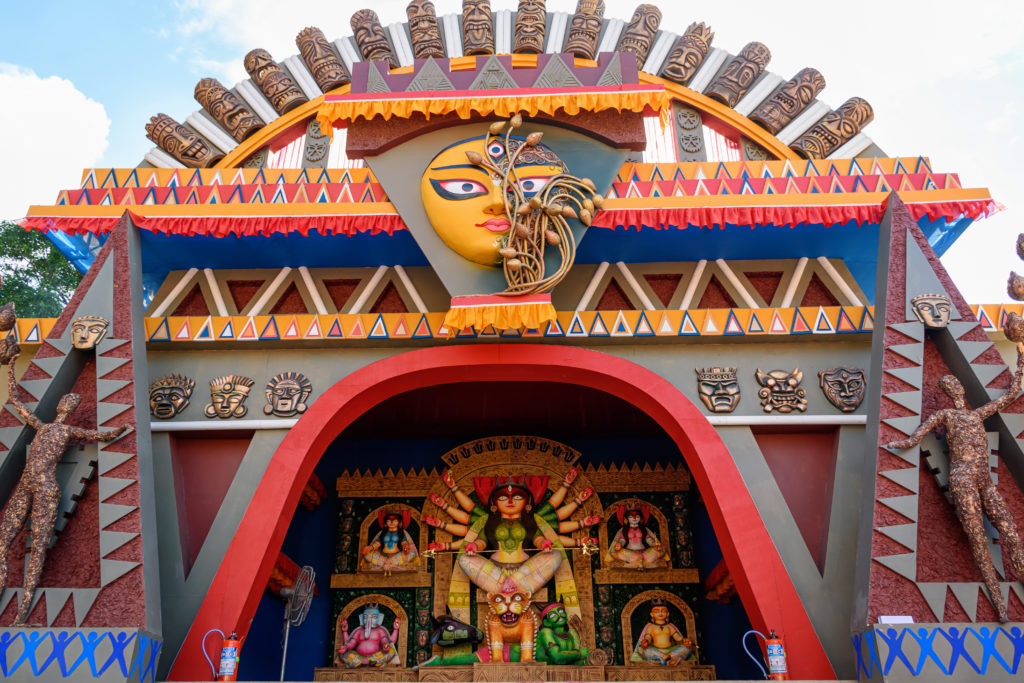 Goddess Durga idol decorated at puja pandal in Kolkata in Jaya Travel & Tours blog "Durga Puja in Kolkata Guide"