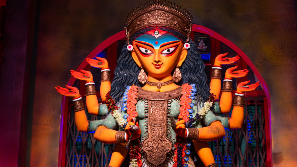 Goddess Durga idol at puja pandal in Kolkata West Bengal India in Jaya Travel & Tours blog "Durga Puja in Kolkata Guide"