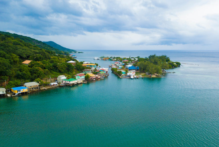 Aerial view of Oak, Ridge, the Venice of the Caribbean, in Roatan, Honduras.
