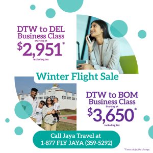 Business Class Winter Flight Sale from Detroit to Delhi and Mumbai.