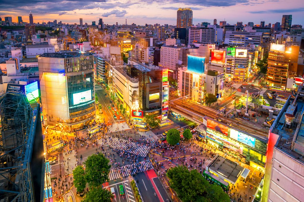 Jaya Travel & Tours blog Top 10 Destinations Shibuya Crossing from top view at twilight in Tokyo, Japan