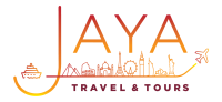 Jaya Travel Tours Logo - Jaya Travel & Tours Logo for Jaya Travel & Tours with a gradient wordmark and skyline icons, plus a plane taking off.