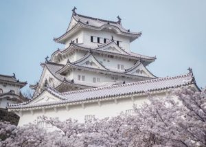 himeji-arima - Jaya Travel & Tours White Japanese castle with tiered roofs, framed by blooming cherry blossoms in the foreground