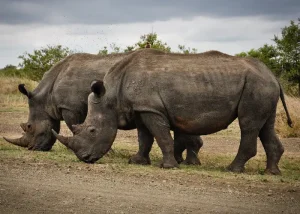 hluhluwe-imfolozi-game-reserve - Jaya Travel & Tours Two rhinoceroses standing side by side on a dirt path, heads lowered to graze in a grassy savannah under a cloudy sky.