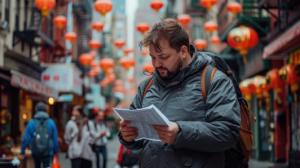 Bearded man in a gray jacket with a backpack reading a folded map on a busy street lined with red lanterns.