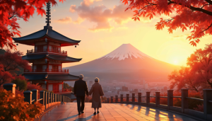 Older couple walking hand in hand on a temple terrace at sunset, with Mt. Fuji glowing in the distance among red autumn leaves