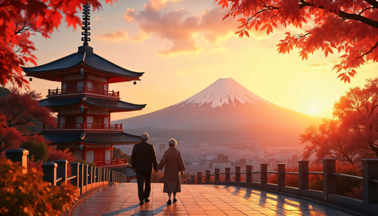 Older couple walking hand in hand on a temple terrace at sunset, with Mt. Fuji glowing in the distance among red autumn leaves