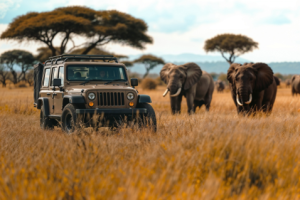Safari jeep driving through tall golden grass with elephants nearby in a Kenyan savannah
