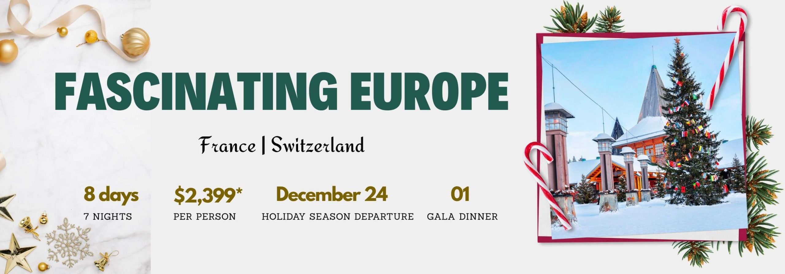 Promotional banner for a Europe trip: France and Switzerland, with travel details and a snowy photo on the right side.