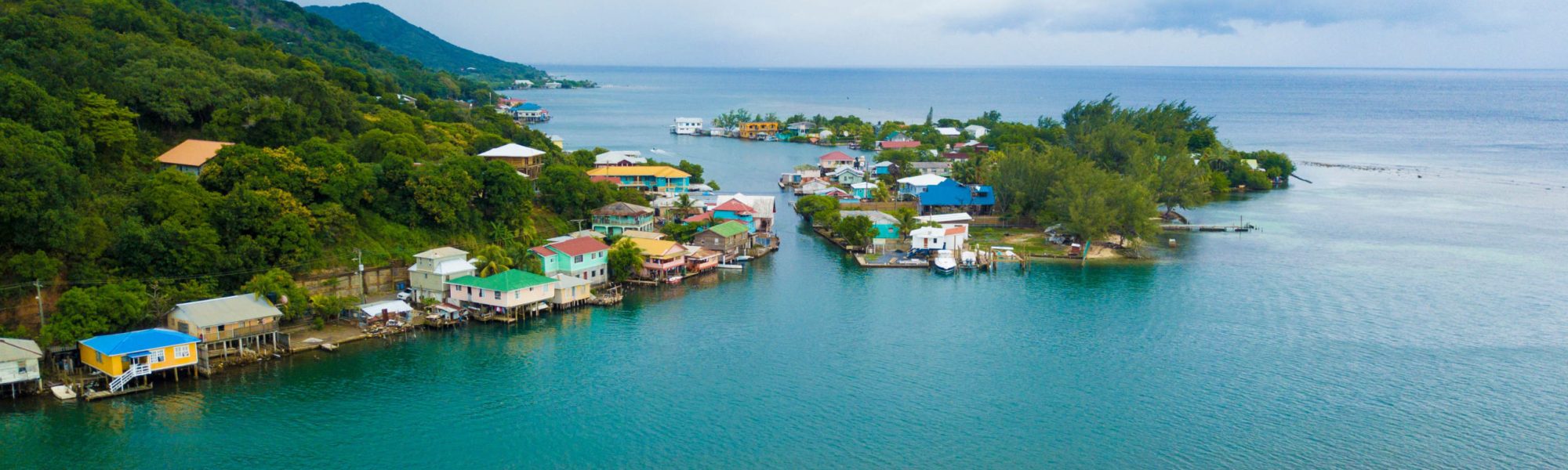 Aerial view of Oak, Ridge, the Venice of the Caribbean, in Roatan, Honduras.