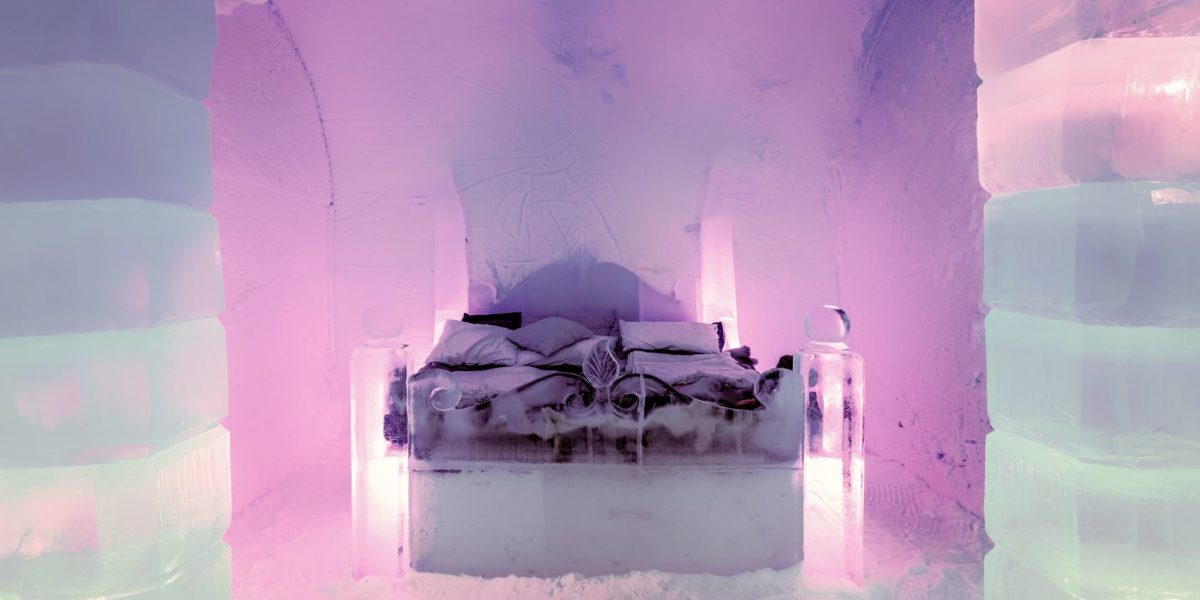 Tour a unique and cool hotel in sweden with Jaya Travel & Tours made out of ice, where guests can travel to spend the night in a hotel carved with ice sculptures and artwork.