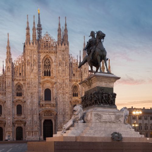 This image is featured in Jaya Travel & Tours customized tours page which promotes the personalized tourof enchanting Italy. In this photograph, the sun sets on the iconic Duomo in Milan, one of the most popular destinations.