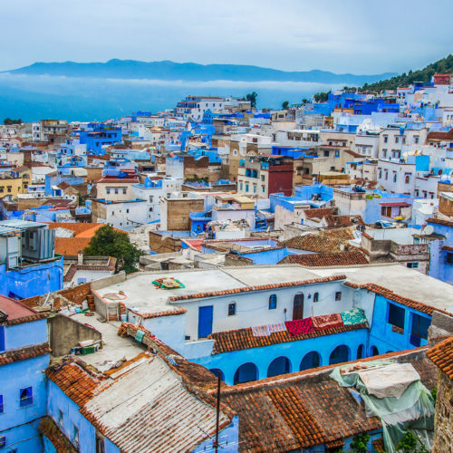 A view of the beautiful blue buildings in a Jaya Travel & Tours visit to the blue city of Chefchaouen in the Rif mountains of Morocco.