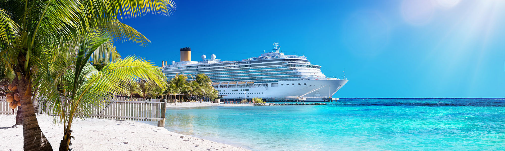 Large cruise ship sailing the clear blue tropical waters beside a sandy beach with Jaya Travel & Tours.