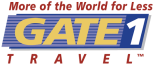 Gate1 Travel logo with the slogan 'More of the World for Less' and a blue striped banner featuring yellow 'GATE 1' and red 'TRAVEL' text.