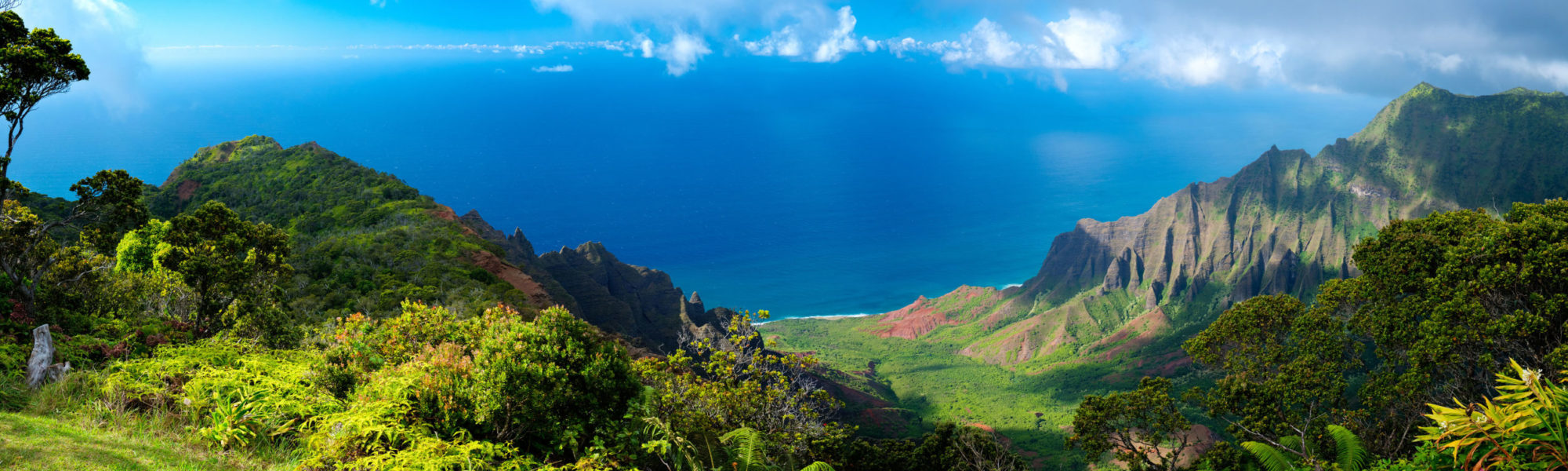 Panorama of the ocean and beautiful Kauai, Hawaii which is a Hawaii island hopping location for Jaya Travel & Tours customized tours.