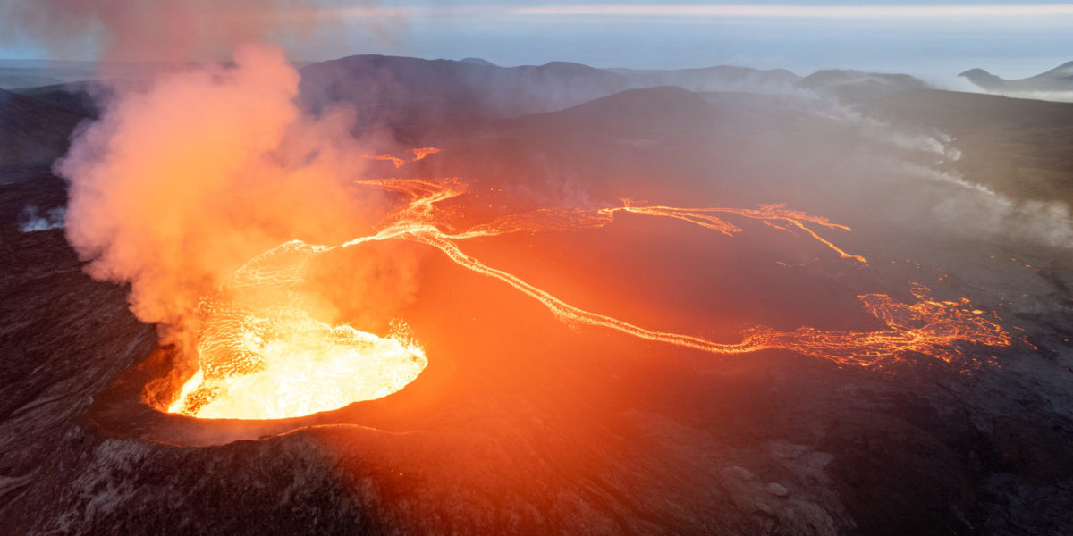 Scenic view of lava in the Fagradalsfjall active volcano in Iceland with hot magma running down the sides that can be seen on travel and tours.